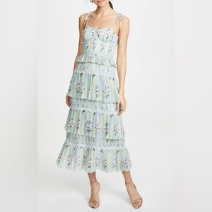 ⚡️Self-Portrait Floral Pleated Tiered Chiffon Midi Dress Mint